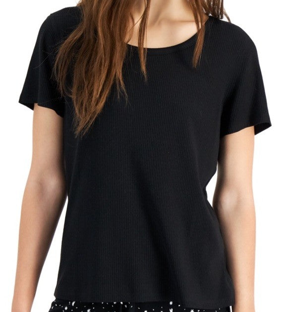 Jenni Solid Ribbed Sleep Top, Black XL Short Sleeve 