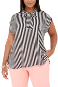Bar III Women's Black Striped Self-Tie V-Neck Blouse Top Plus Size 1X
