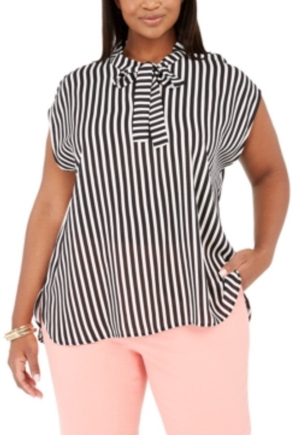 Bar III Women's Black Striped Self-Tie V-Neck Blouse Top Plus Size 1X
