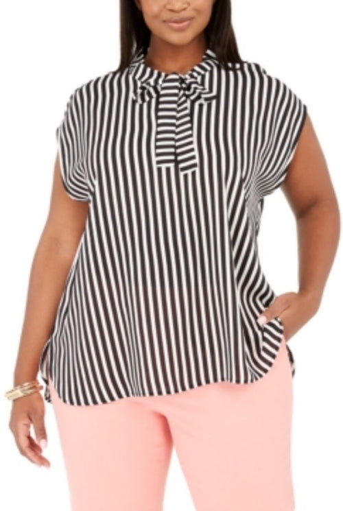 Bar III Women's Black Striped Self-Tie V-Neck Blouse Top Plus Size 1X