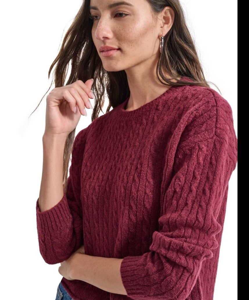 DKNY Jeans Petite Crewneck Cable-Knit Sweater Burgundy PS