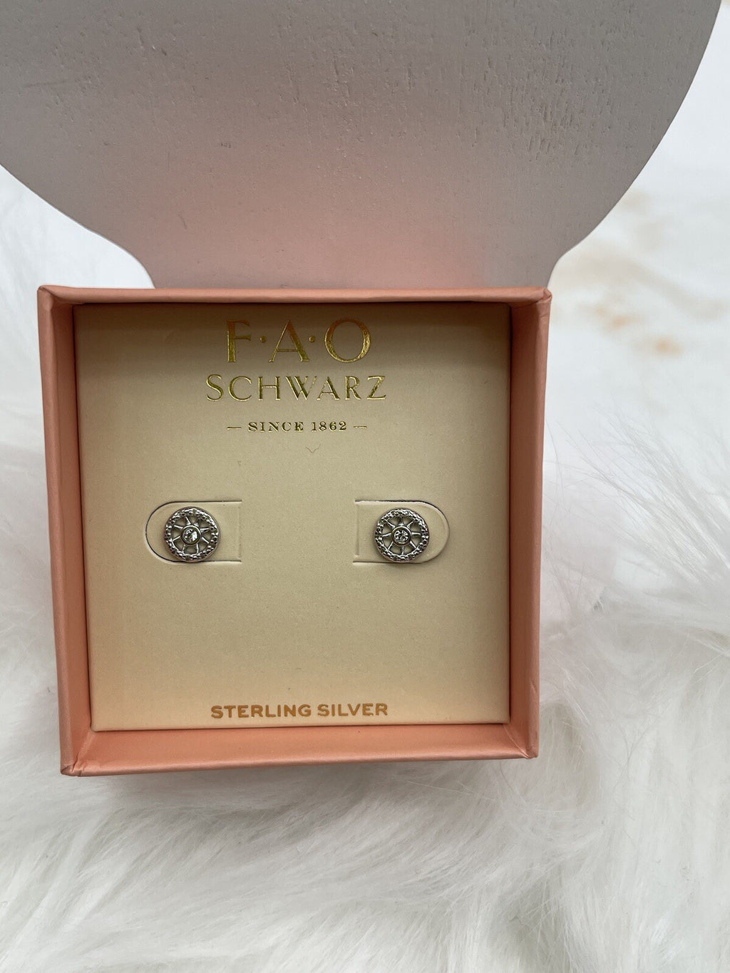 F*A*O SCHWARZ STERLING SILVER CIRCLE STUD EARRINGS W/ CRYSTAL STONE ACCENT NIB
