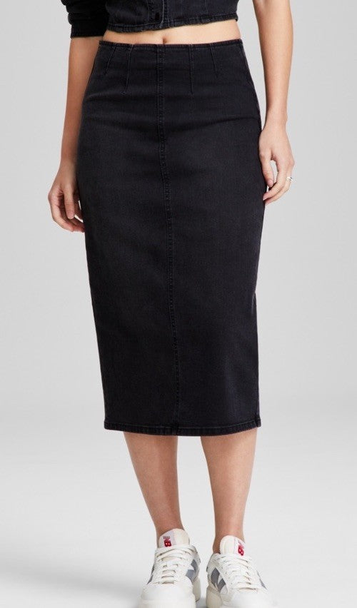 And Now This Women's Denim Back-Slit Midi Skirt Black Wash XS
