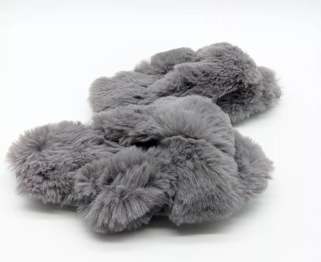 JENNI Intimates faux fur crossband open-toe slide slippers GREY Size L 9-10