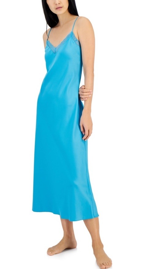 I.N.C. International Concepts Lace-Trim Satin Nightgown Women's XS Cyan Blue