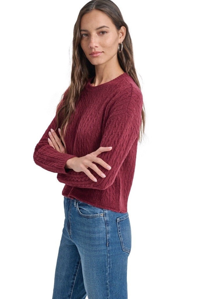 DKNY Jeans Petite Crewneck Cable-Knit Sweater Burgundy PS