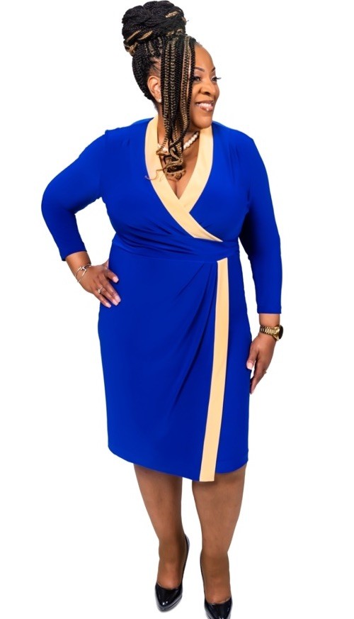 Kasper Colorblocked Faux-Wrap Sheath Dress Royal Blue S