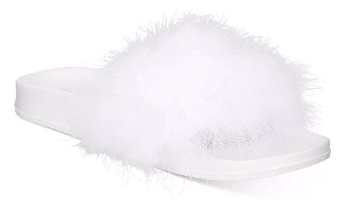 INC International Concepts Sandal Slides Sz L 9/10 White Fluffy Faux Maribou