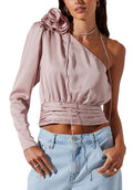 ASTR THE LABEL NEW Women's Pink One Shoulder Satin Blouse Rose Accent Size L