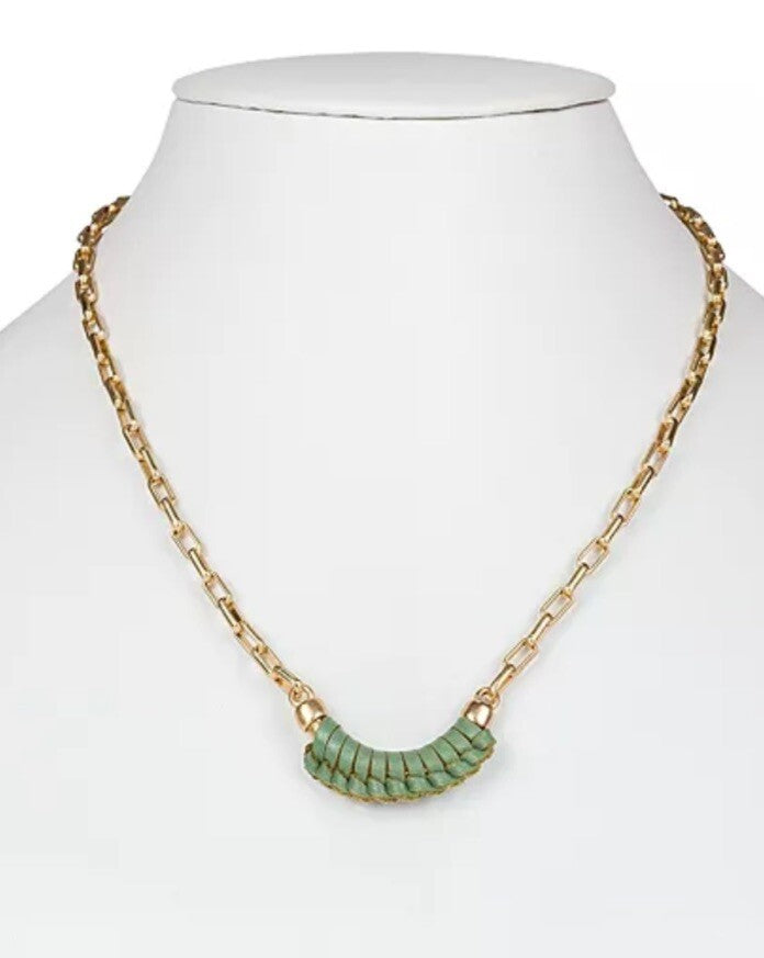 Patricia Nash Gold-Tone Sorella Green Leather Wrapped Crescent Necklace 