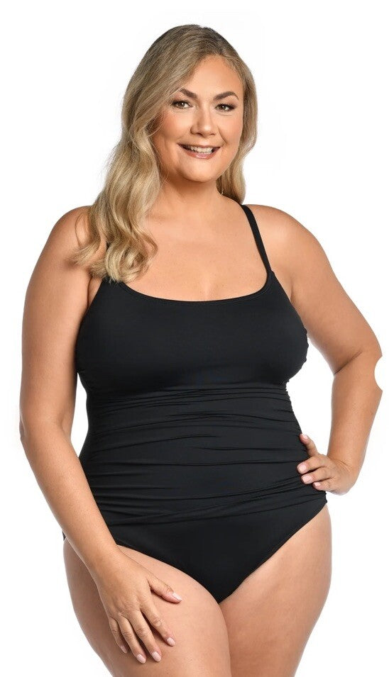 LA BLANCA Island Goddess Ruched Lingerie One Piece Swimsuit Black 10 NWT