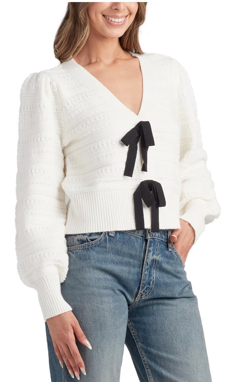 BCX Juniors' Bow-Front V-Neck Long-Sleeve Cardigan Ivory Medium 