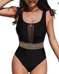 Cupshe Womens Mesh Tummy Control Back Crisscross One-Piece Swimsuit M Black  A01