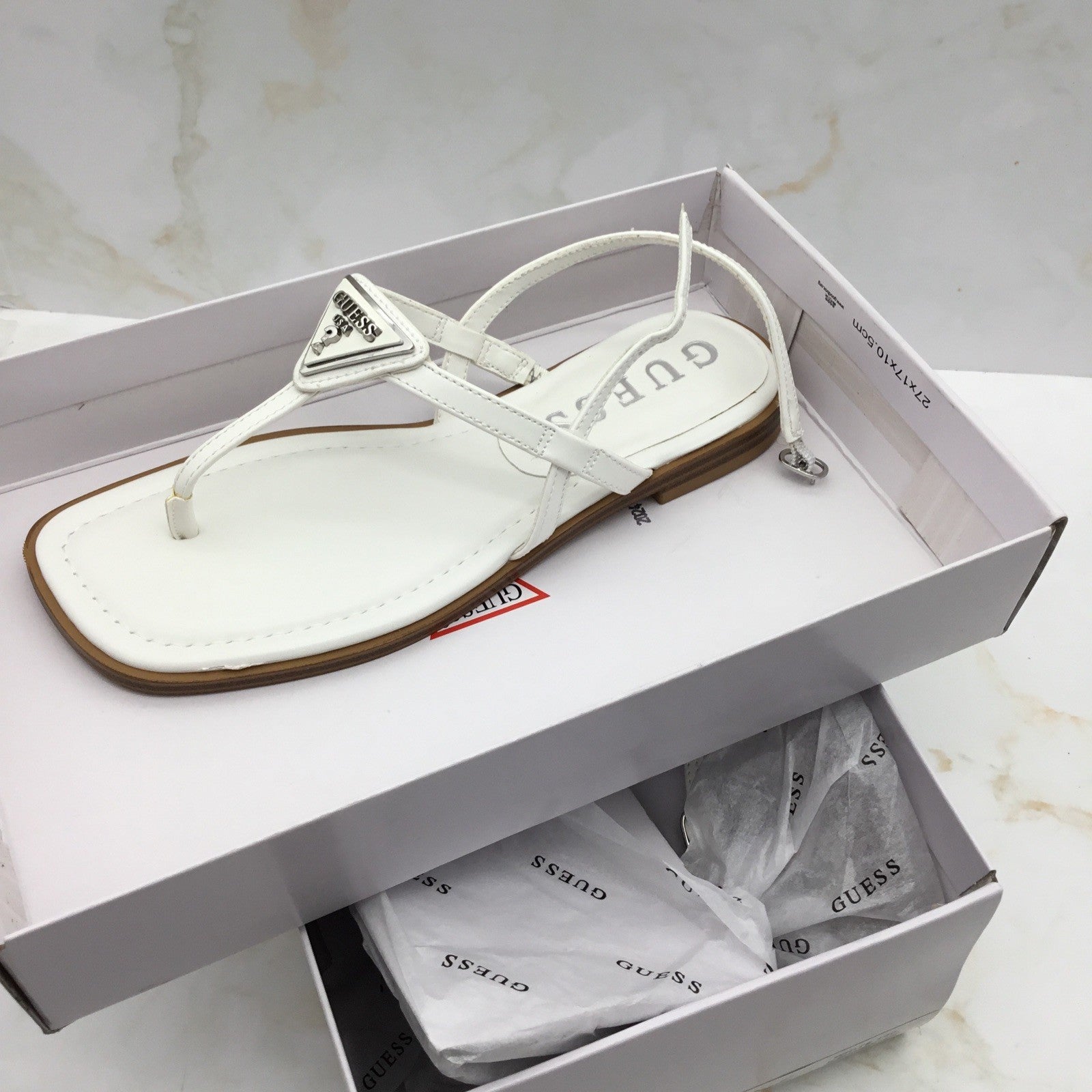 GUESS Women's Rainey Logo Sqaure Toe T-Strap Flat Sandals White 6M