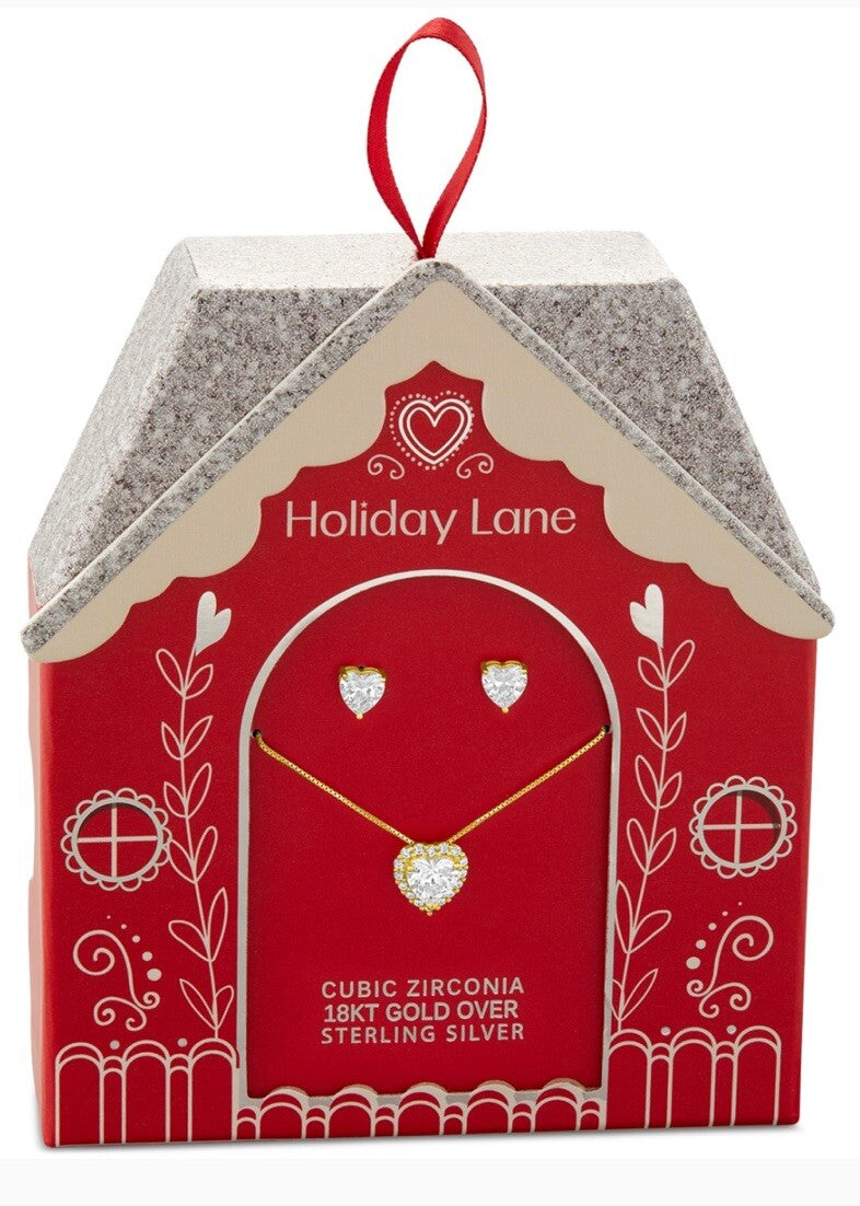 Holiday Lane 2-Pc. Cubic Zirconia Heart Pavé Pendant Necklace & Stud Earring Set