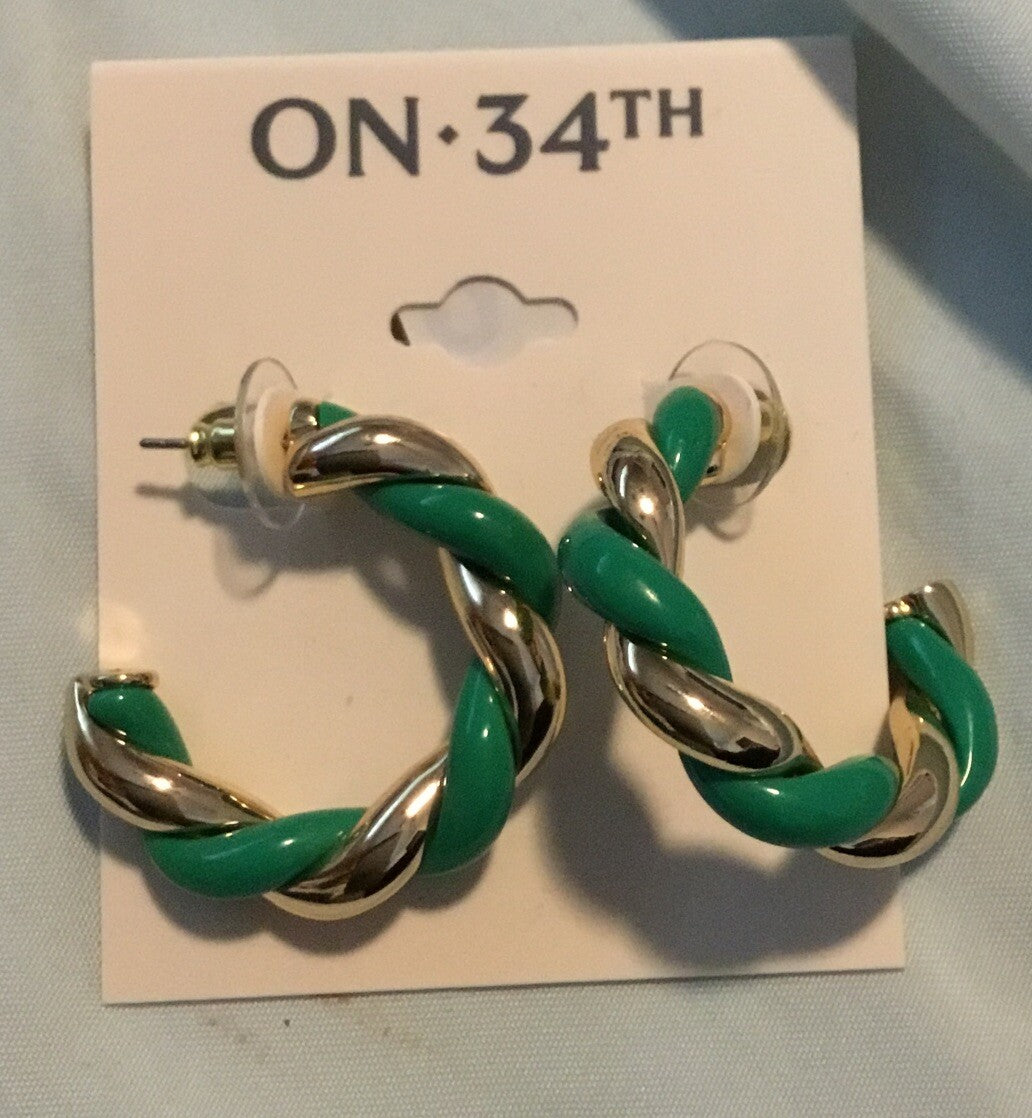 On-34th Green and Gold Swirly Hoop Earrings