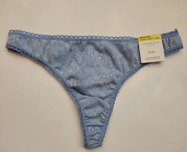  Charter Club Everyday Cotton Women's Lace-Trim Thong Blue Medium Outline Floral