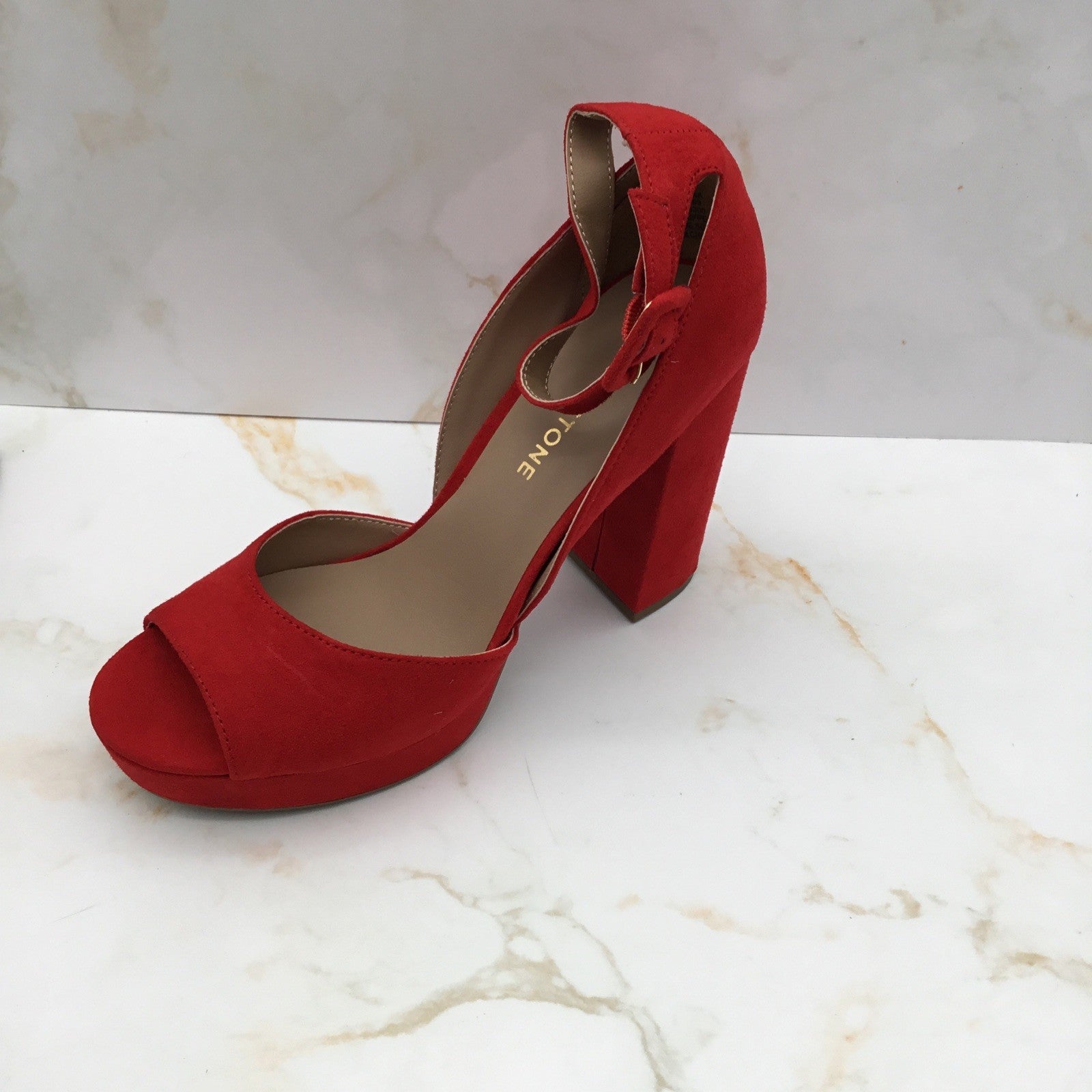  Sun + Stone Women's Reemaa Peep Toe Block Heel Platform Sandals Red Size 7
