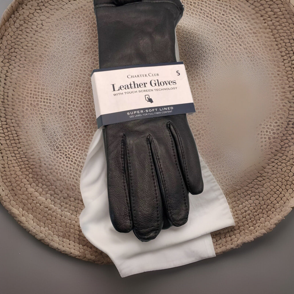 NWT Charter Club Black Leather Gloves Fur Lined Touchscreen Retail XL