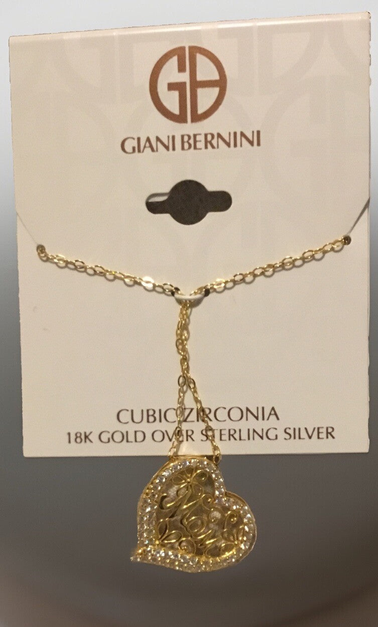 Cubic Zirconia Mom Heart Pendant Necklace in 18k Gold-Plated Sterling Silver 