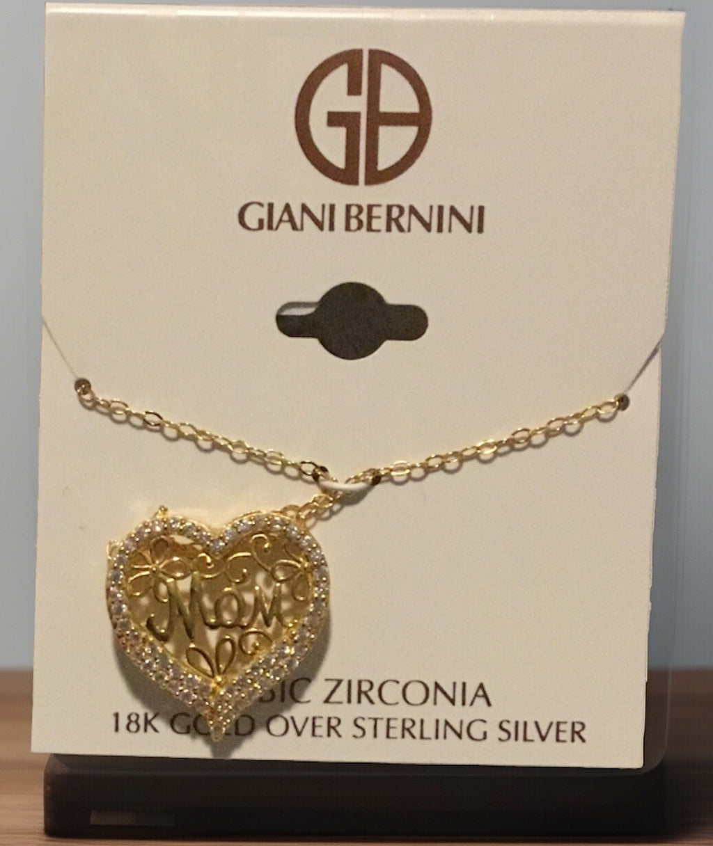 Cubic Zirconia Mom Heart Pendant Necklace in 18k Gold-Plated Sterling Silver 