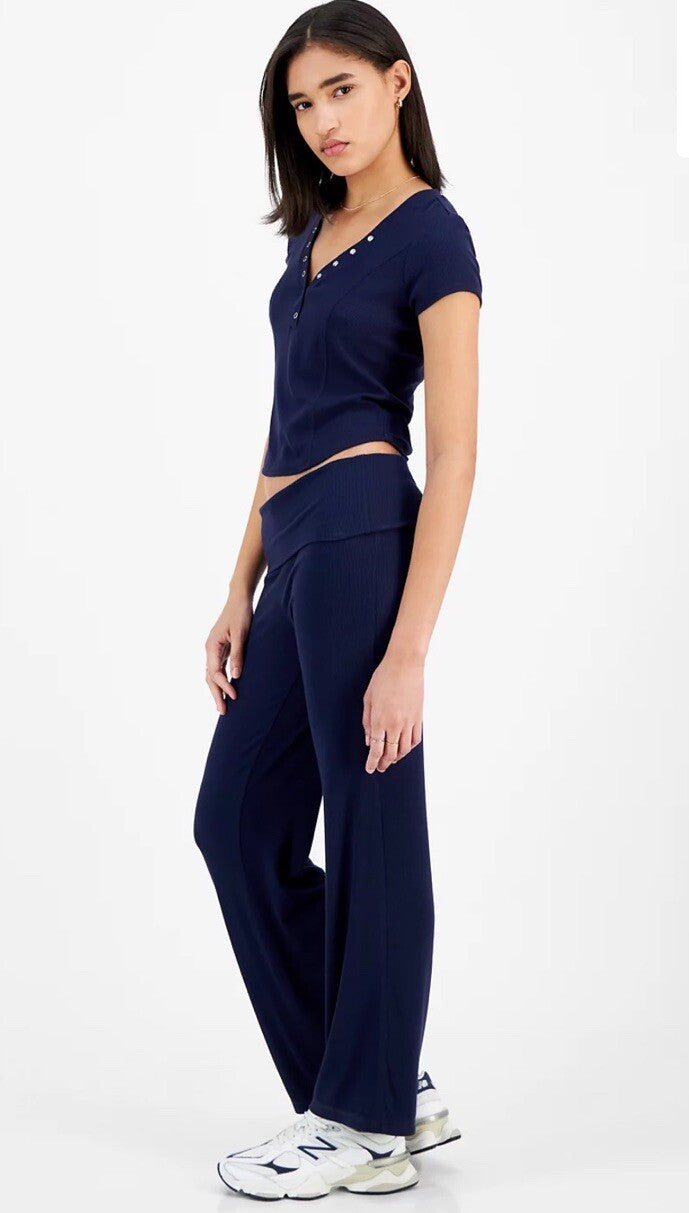 Ultra Flirt Juniors' High Rise Foldover-Waist Ribbed Knit Pants Black S
