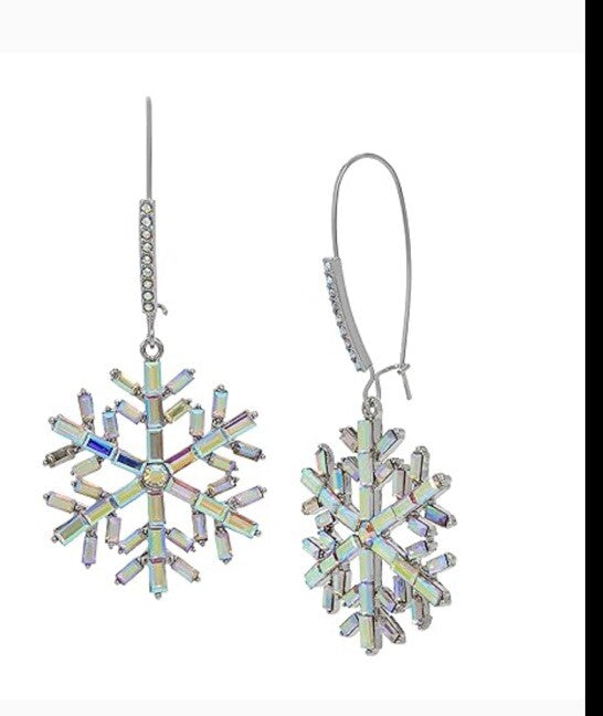 Betsey Johnson Silver Tone Snowflake Dangle Earrings Crystal Christmas Winter