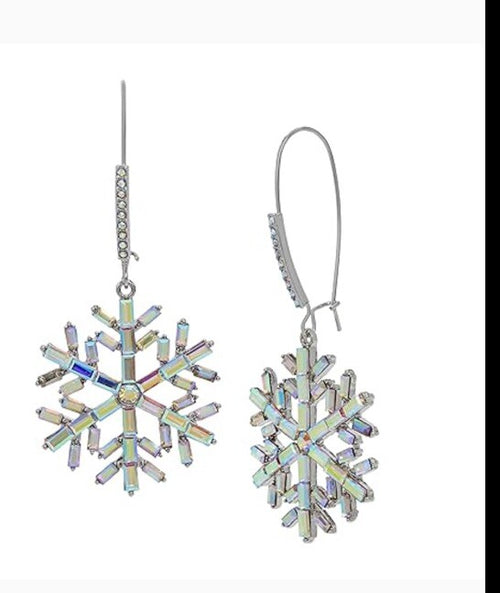 Betsey Johnson Silver Tone Snowflake Dangle Earrings Crystal Christmas Winter