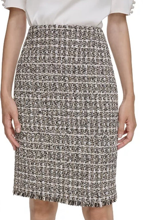Calvin Klein Petite Bouclé-Knit Zip-Back Fringe-Trim Skirt 8P