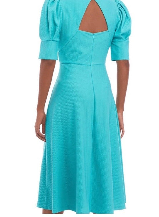 Maison Tara Women's Puff Sleeve Pleated Dress, 4 Aqua 