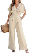 *NWT *CUPSHE Women's V-Neck Short Sleeve Straight Leg Jumpsuit Pockets-Size L Kh