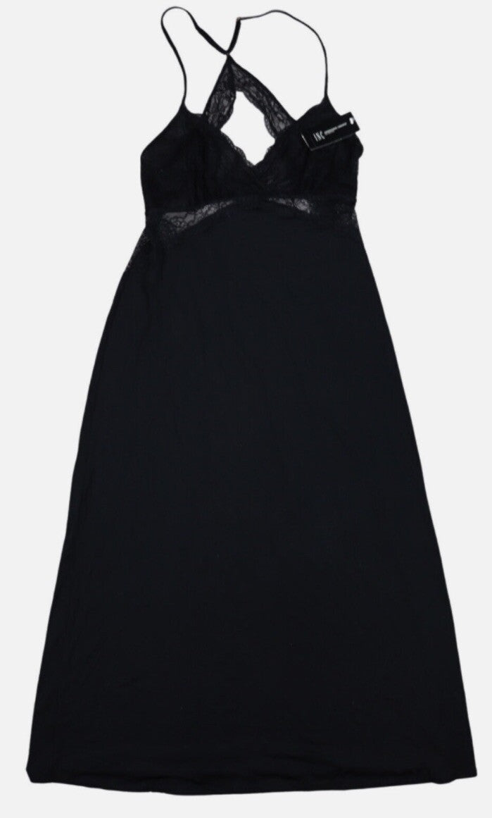 INC International Concepts Solid Color Lace Trim Long Length Nightgown Black S