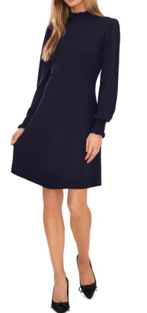 CeCe Women's Blue Long-Sleeve Mock Neck Sweater Dress Size L Navy Classic