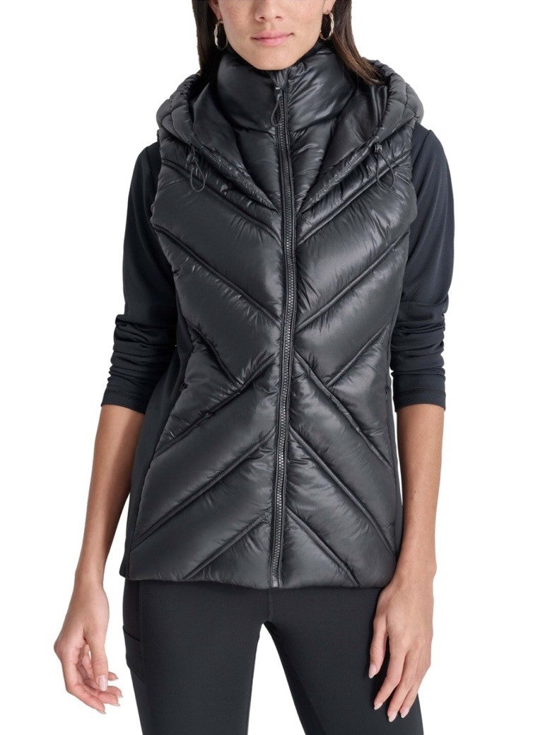 NWT DKNY Hooded Metallic Puffer Vest - Size S, Black
