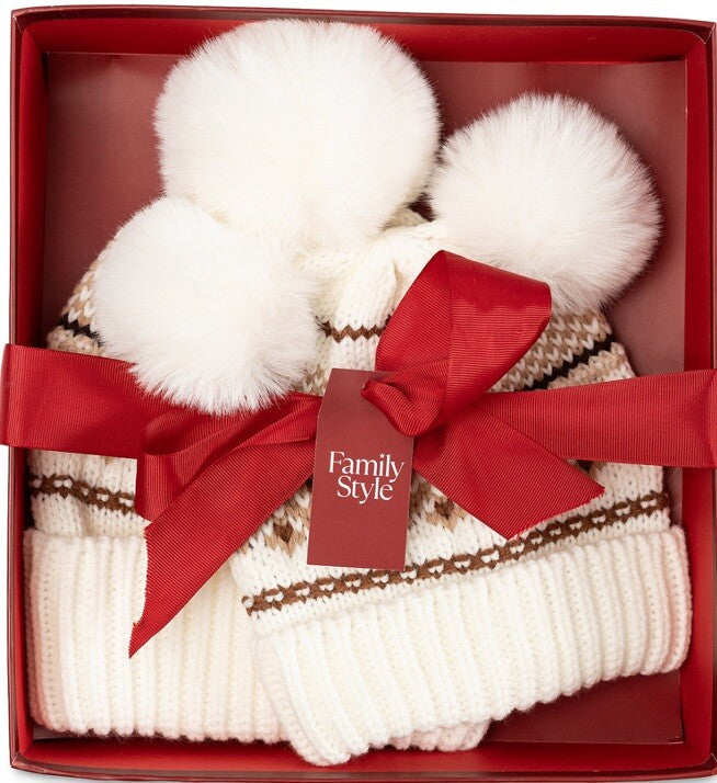 Charter Club Mommy & Me Fair Isle Beanies Set Women's OS Ivory Faux-Fur Pom Poms