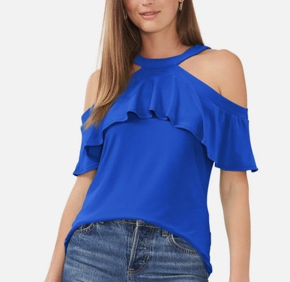Sam & Jess Ruffled Cold-Shoulder Top Royal Blue XS