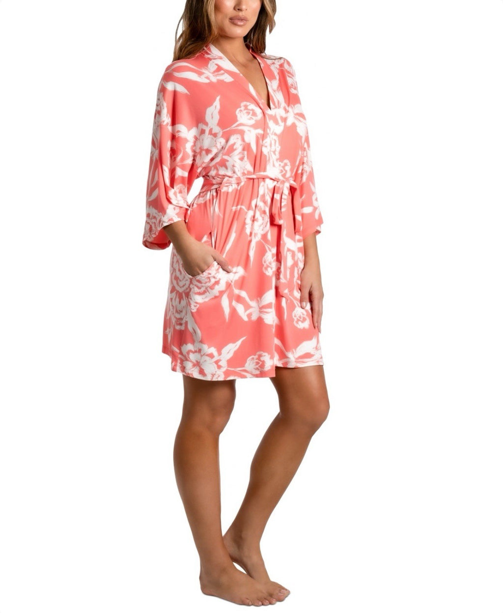 Linea Donatella Tropical Floral Print w/Pockets & Belt Womens Short Robe Size S