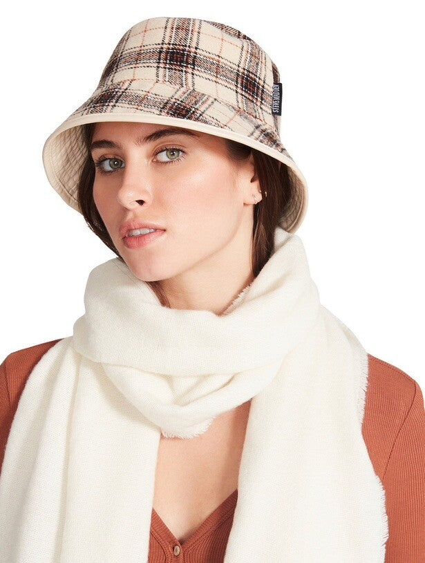 Steve Madden Women's Reversible Plaid Bucket Hat Cream Fabric