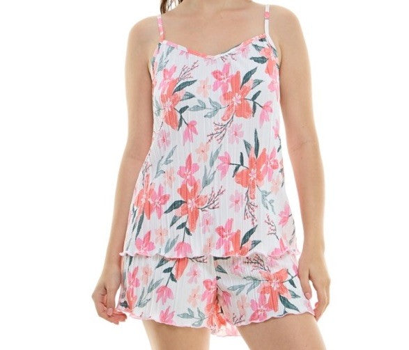 Roudelain Women's 2-Pc. Pleated Satin Short Pajamas Set Floral White XL