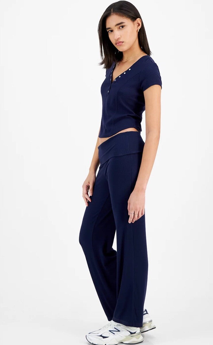 Ultra Flirt Juniors' High Rise Foldover-Waist Ribbed Knit Pants Black XL