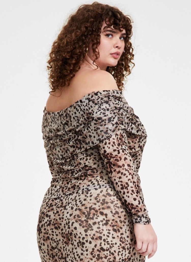 Bar III Trendy Plus Size Printed Off-the-Shoulder Mesh Top Cheetah 4X
