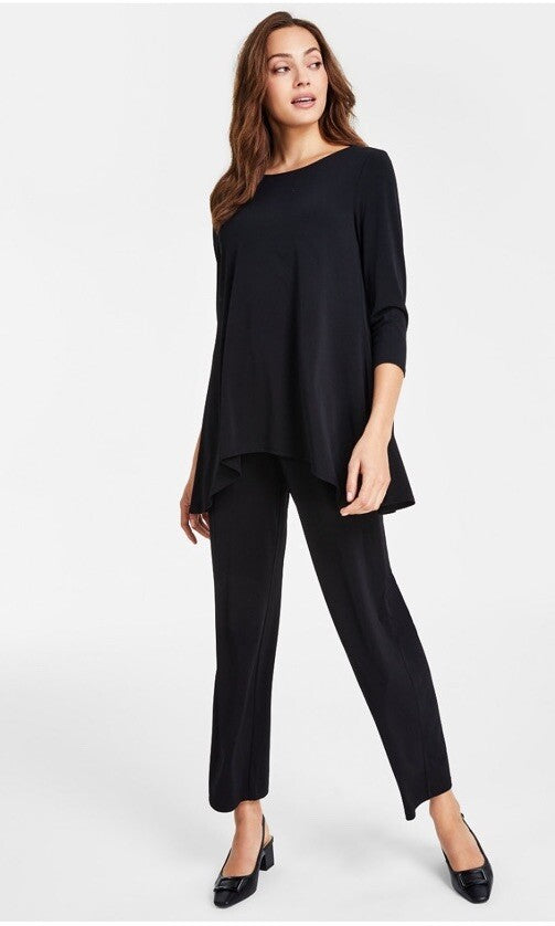 JM Collection Women's Neckline Satin-Trim 3/4 Sleeve Knit Top Blouse Black large