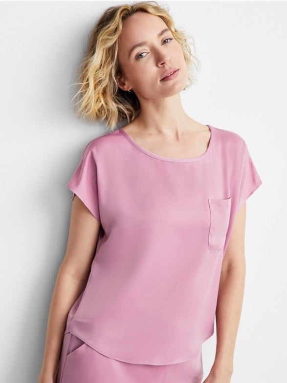 State of Day Women's Crepe De Chine Short-Sleeve Pajama Top Pink Size L  6196