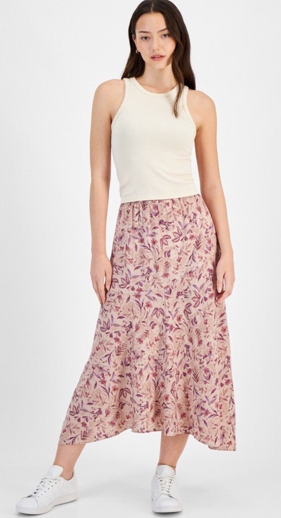Hippie Rose Juniors' Printed Asymmetric Maxi Skirt - Blush Floral, Size XL