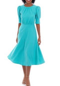 Maison Tara Women's Puff Sleeve Pleated Dress, 4 Aqua 