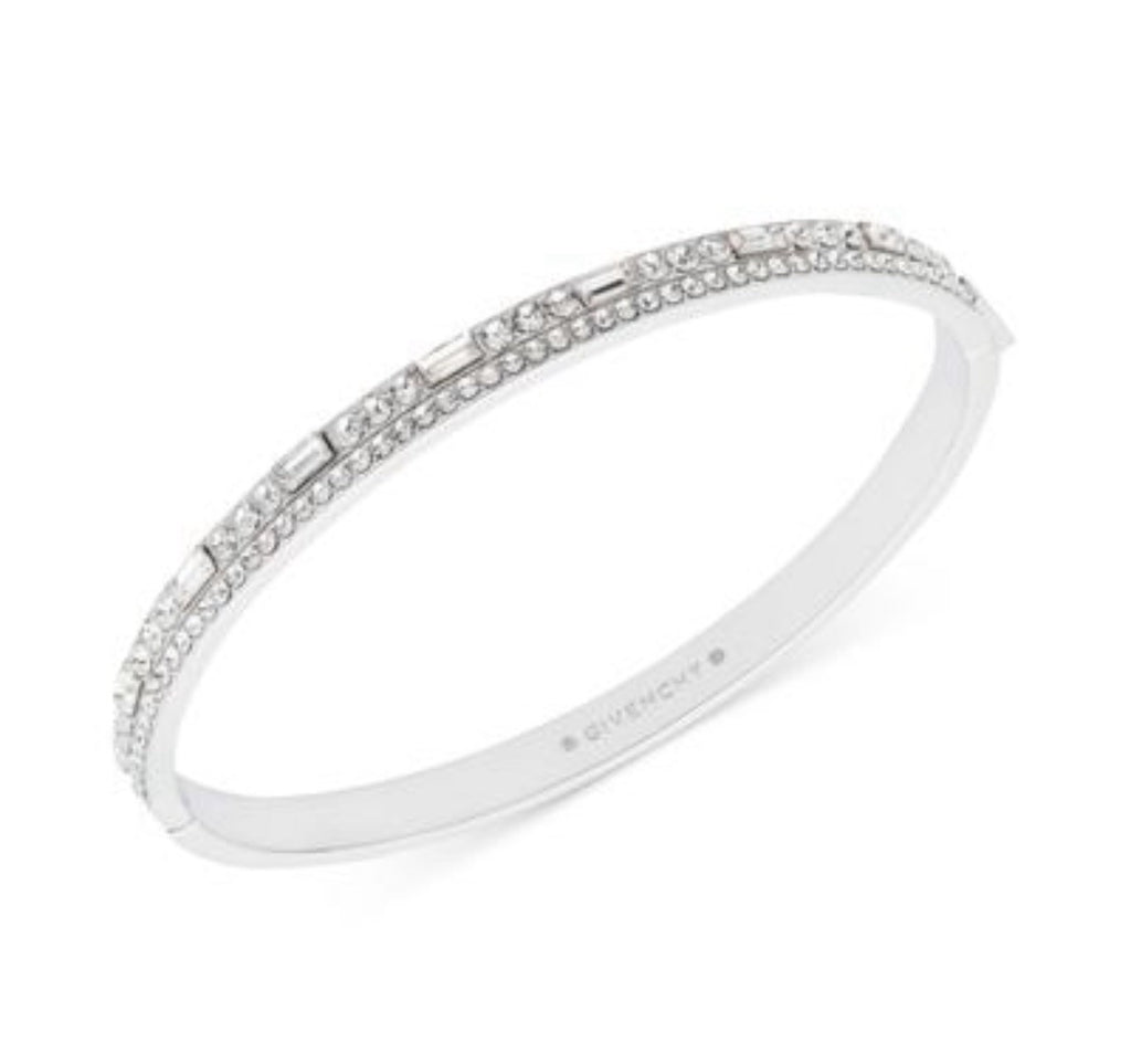 Givenchy Womens Silver Tone Crystal Hinged Bangle Bracelet Pave Rhinestone Logo