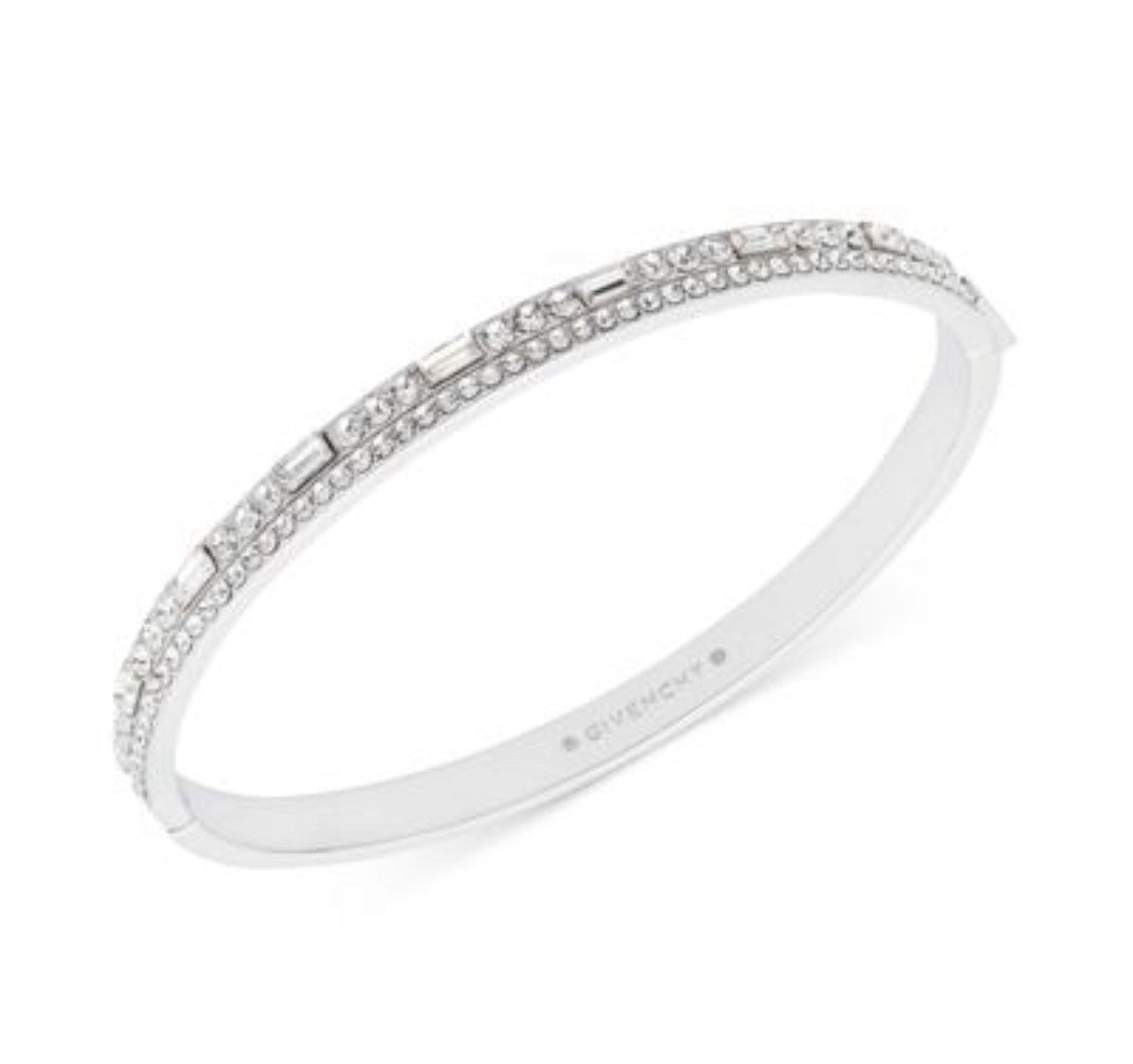 Givenchy Womens Silver Tone Crystal Hinged Bangle Bracelet Pave Rhinestone Logo