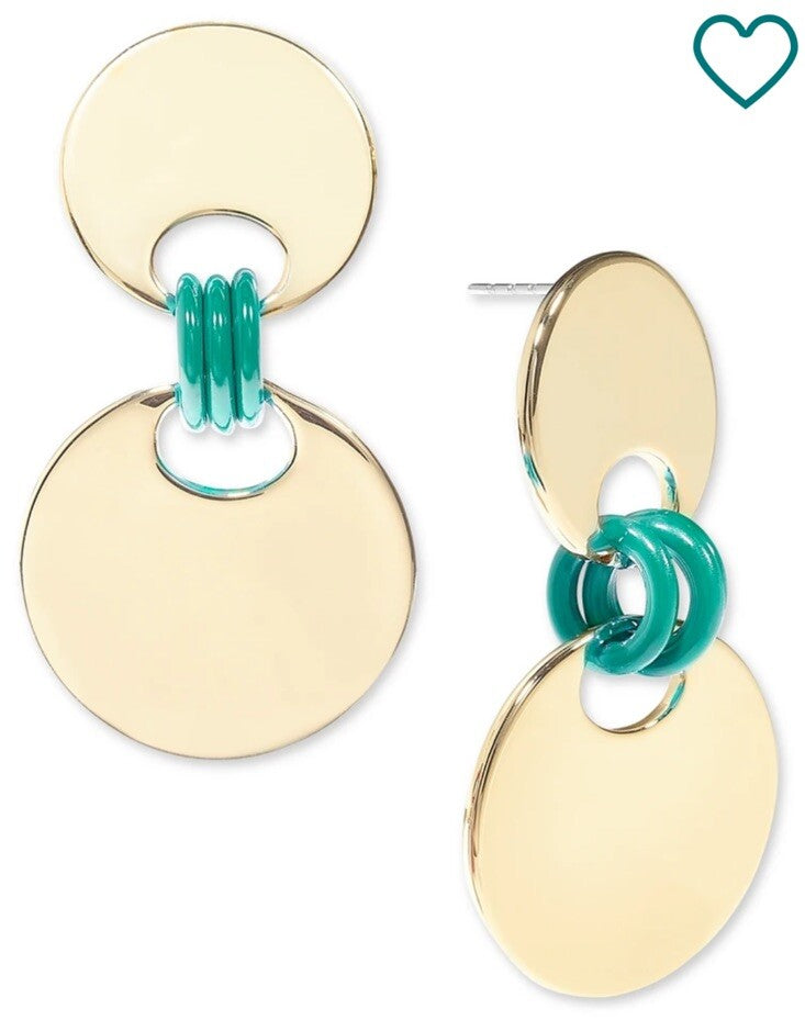 NWT On 34th Gold-Tone Disc & Green Color Ring Drop Earrings Trendy Summer Spring