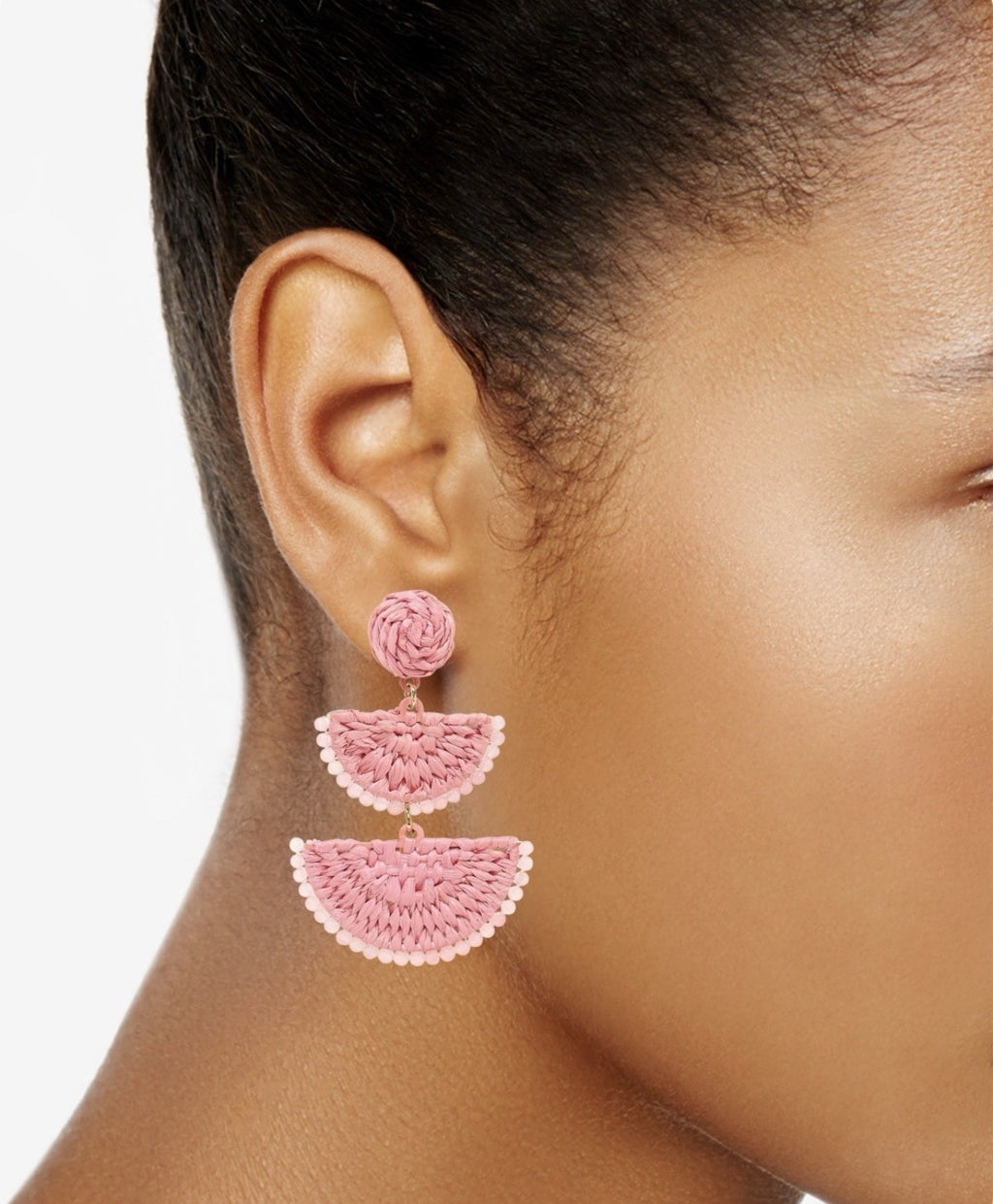 On 34th Woven Raffia and Seed Bead Dangle Earrings Pink Multi New with Tags