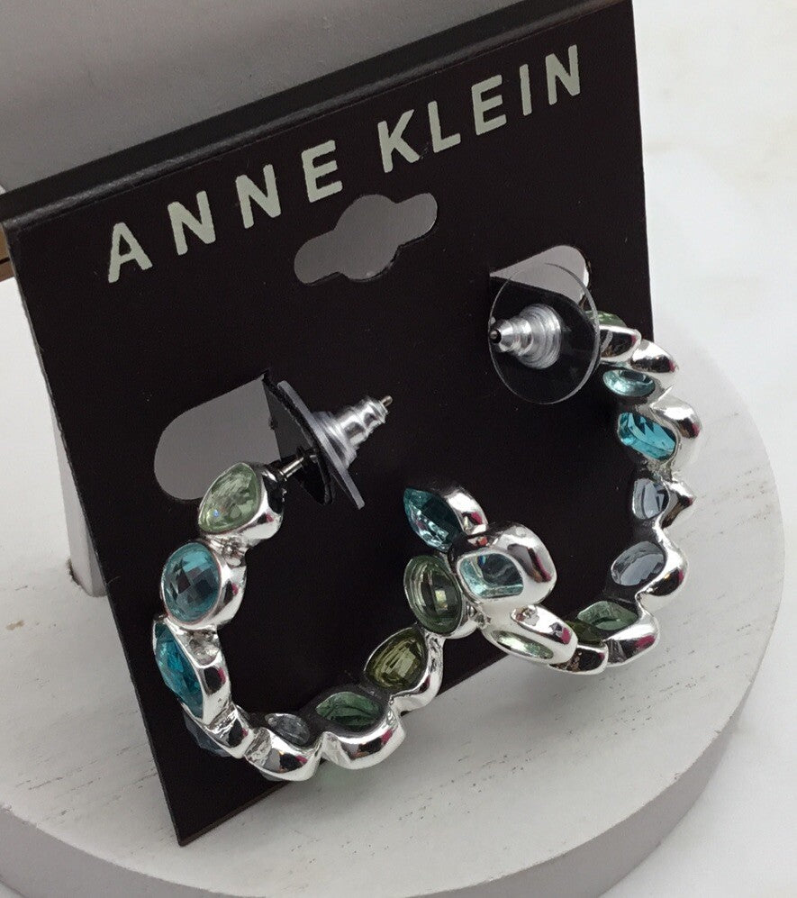 Anne Klein Silver-Tone Crystal Bezel Set C Hoop Earrings